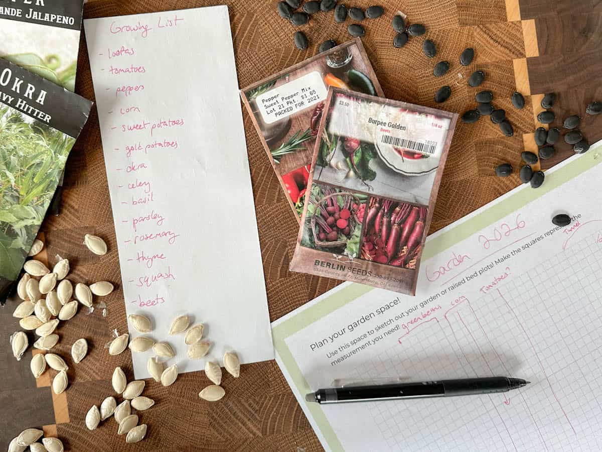 growing list seed packets and garden layout
