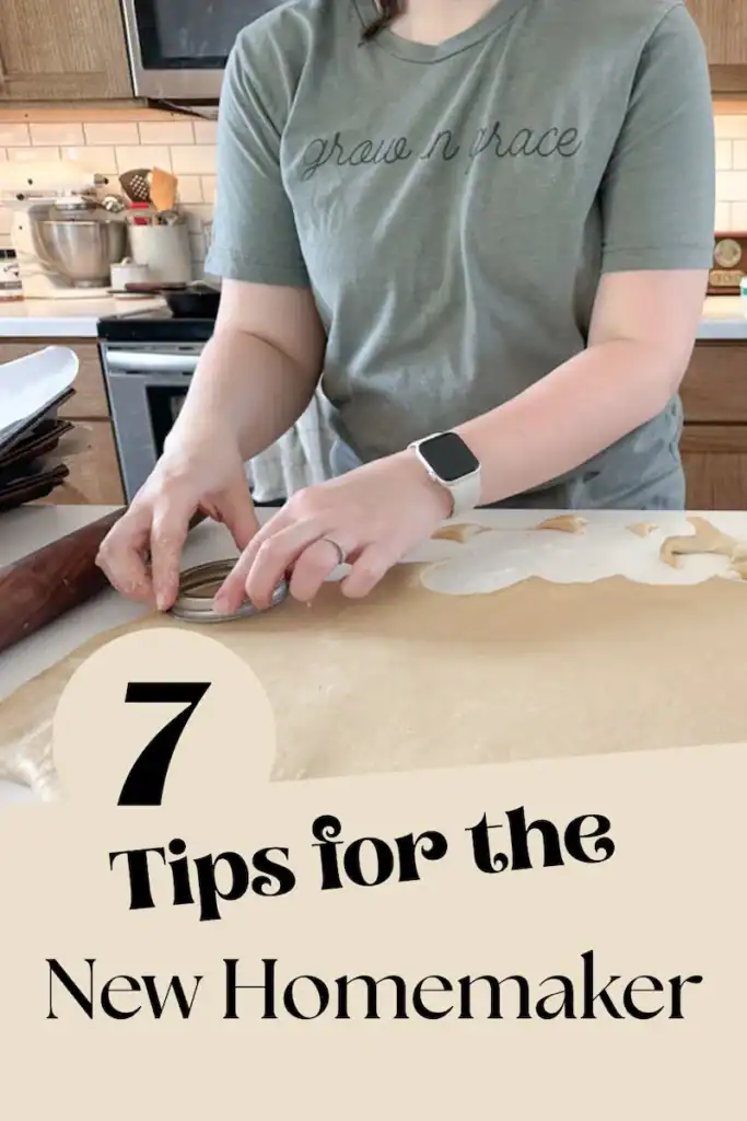 Pin image of Marie cutting doughnuts with text reading "7 Tips for the New Homemaker"