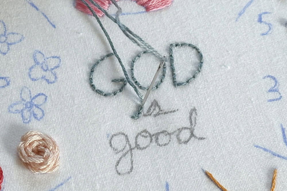 Demonstrating a back split stitch part two.